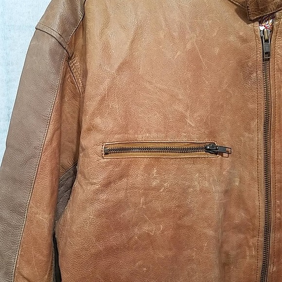 VTG Excelled Tan Genuine leather bomber jacket Distressed Zipper Pockets mens XL - Picture 4 of 12